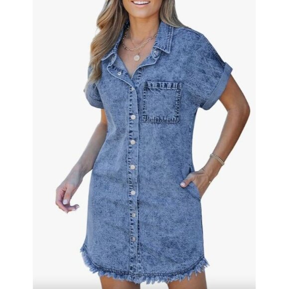 NWT Luvamia Women's Denim Shirt Mini Dress With Frayed Hem & Pockets Size S - Picture 2 of 7